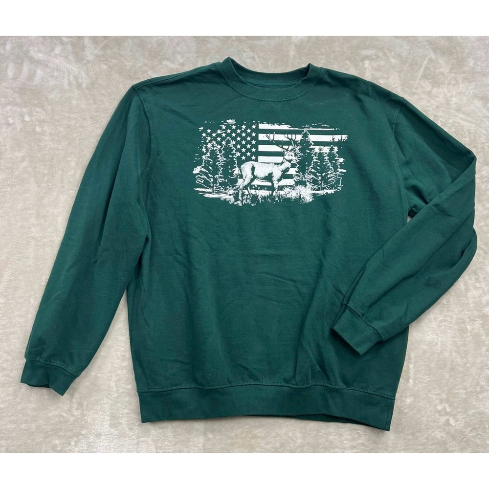 GUC The Easy Life Mens Hunter Green Deer American Flag Graphic Sweatshirt Large